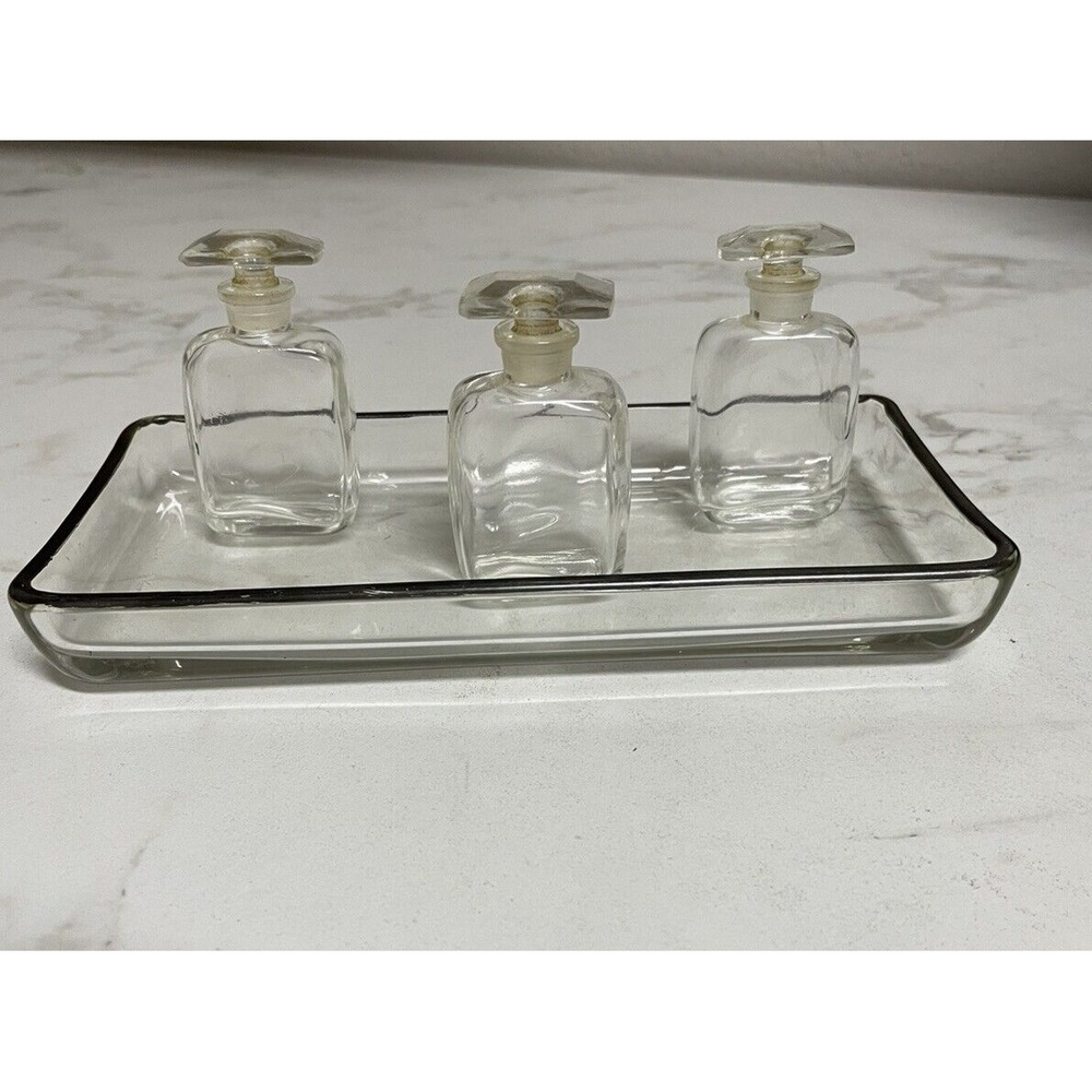 Vintage Set of 3 Mini Perfume Bottles w/ Ground‎ Stopper Lids & Glass Tray